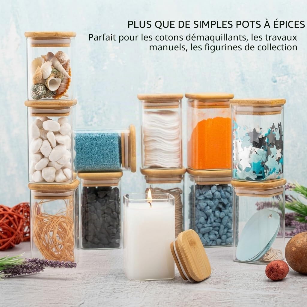 Lot de 12 bocaux à épices avec couvercles en bambou, contenants carrés en verre de 227g pour assaisonnement avec 45 étiquettes et marqueurs DIY, bocaux en verre hermétiques pour l'organisation et le