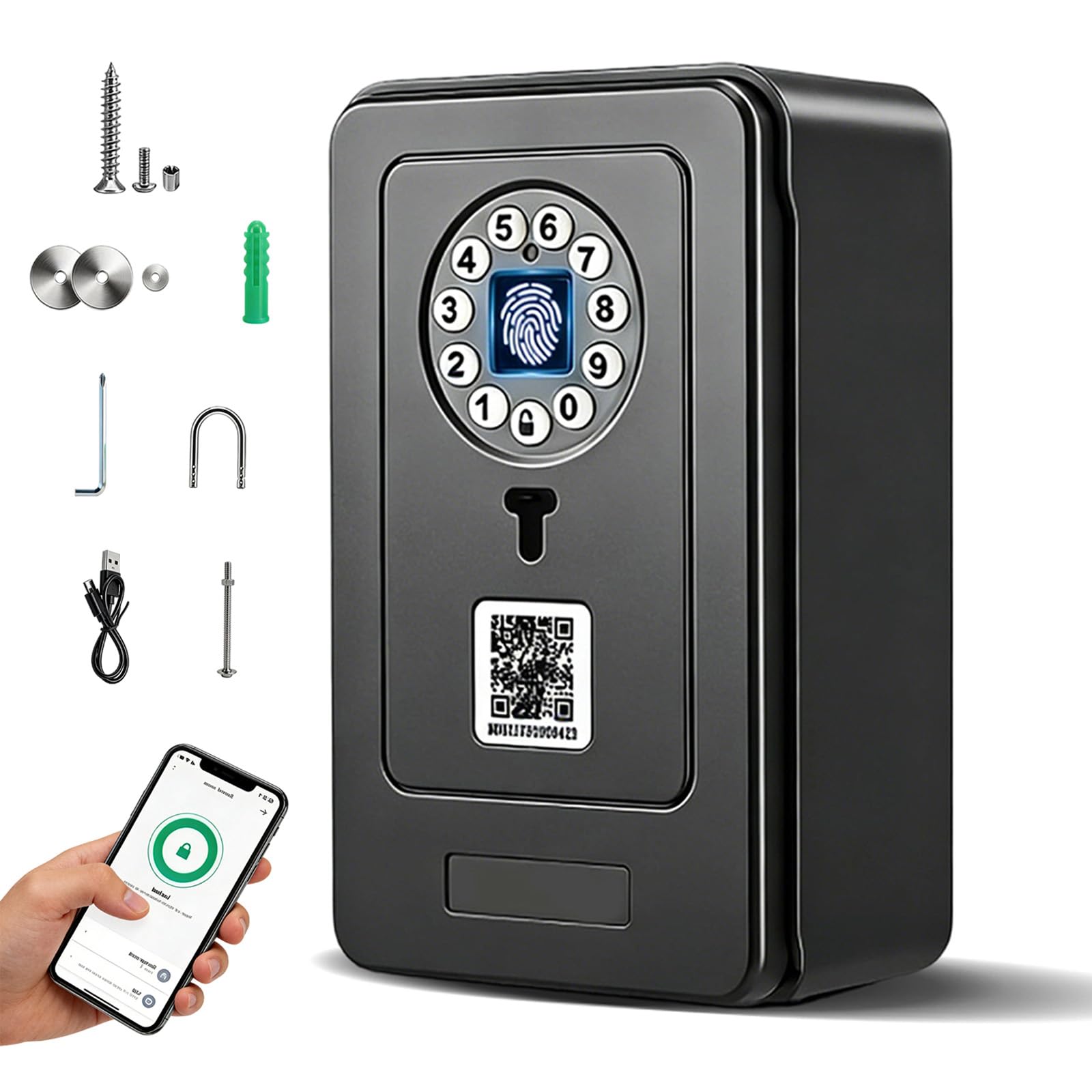 Smart Key Safe Lock Box with Bluetooth & APP Control, PIN Code Fingerprint Lock Box, Wall Mounted Key Lock Box Remote Key Safe Cabinet for Home Airbnb Realtor Garage Office,Battery & Emergency Type-C