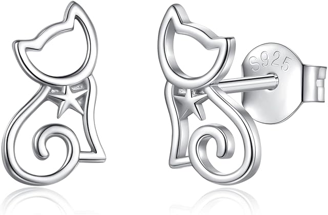 EUDORA Harmony Ball Sterling Silver Cat Stud Earrings for Women, Cute Kitten Dainty Pet Hypoallergenic Ear Jewellry Gift for Teen Girls Ladies Daughter Cat Lovers