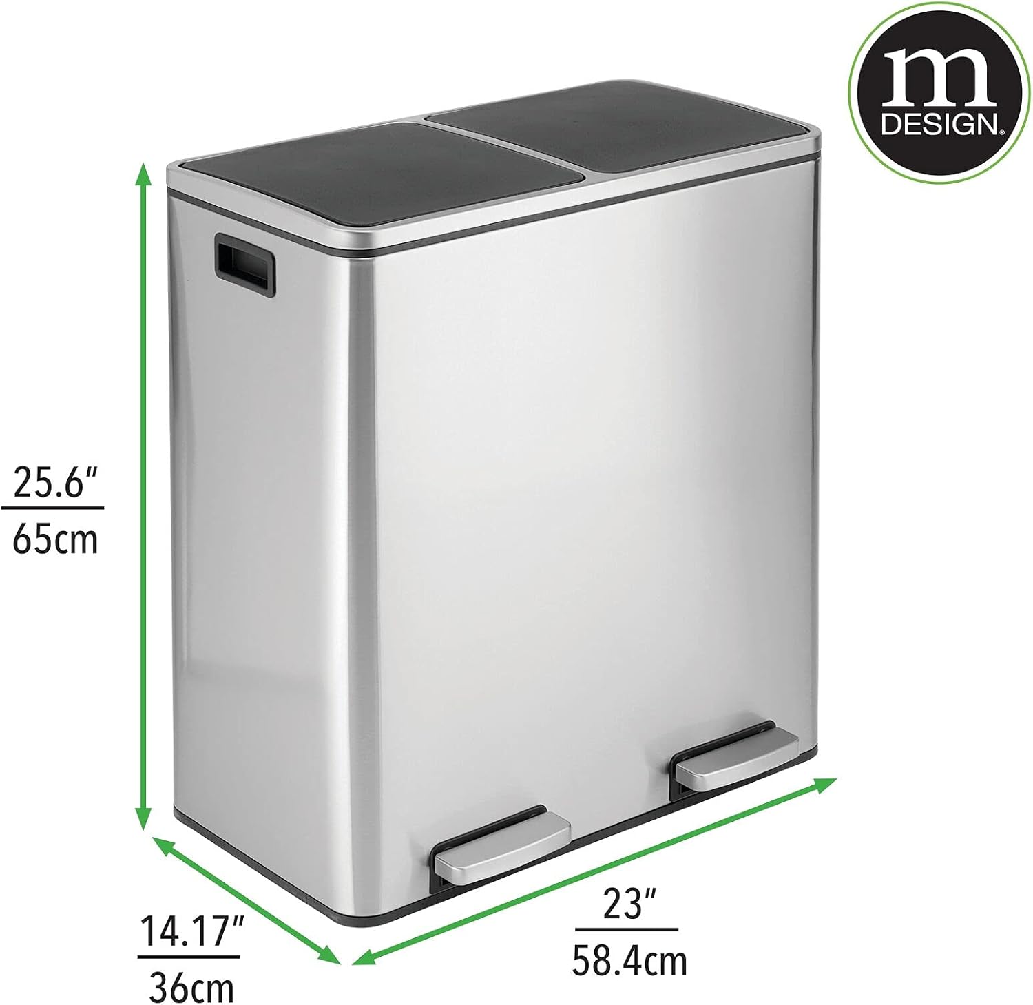 Best Deal Cheap 🛒 mDesign Metal Steel 16 Gallon/60L, Large Dual Compartment Step Trash Can; Double Bin Trashcan/Recycler Combo for Kitchen; for Garbage, Recycling; Features Two Removable Liner Buckets - Brushed/Chrome