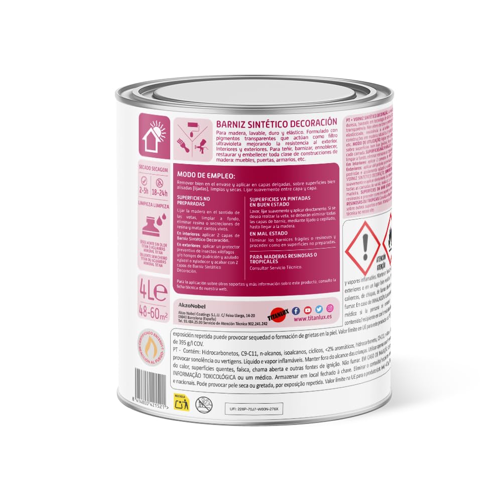 Titanlux Barniz para mobiliario y elementos de Madera Interior-Exterior, Mate Incoloro 4L