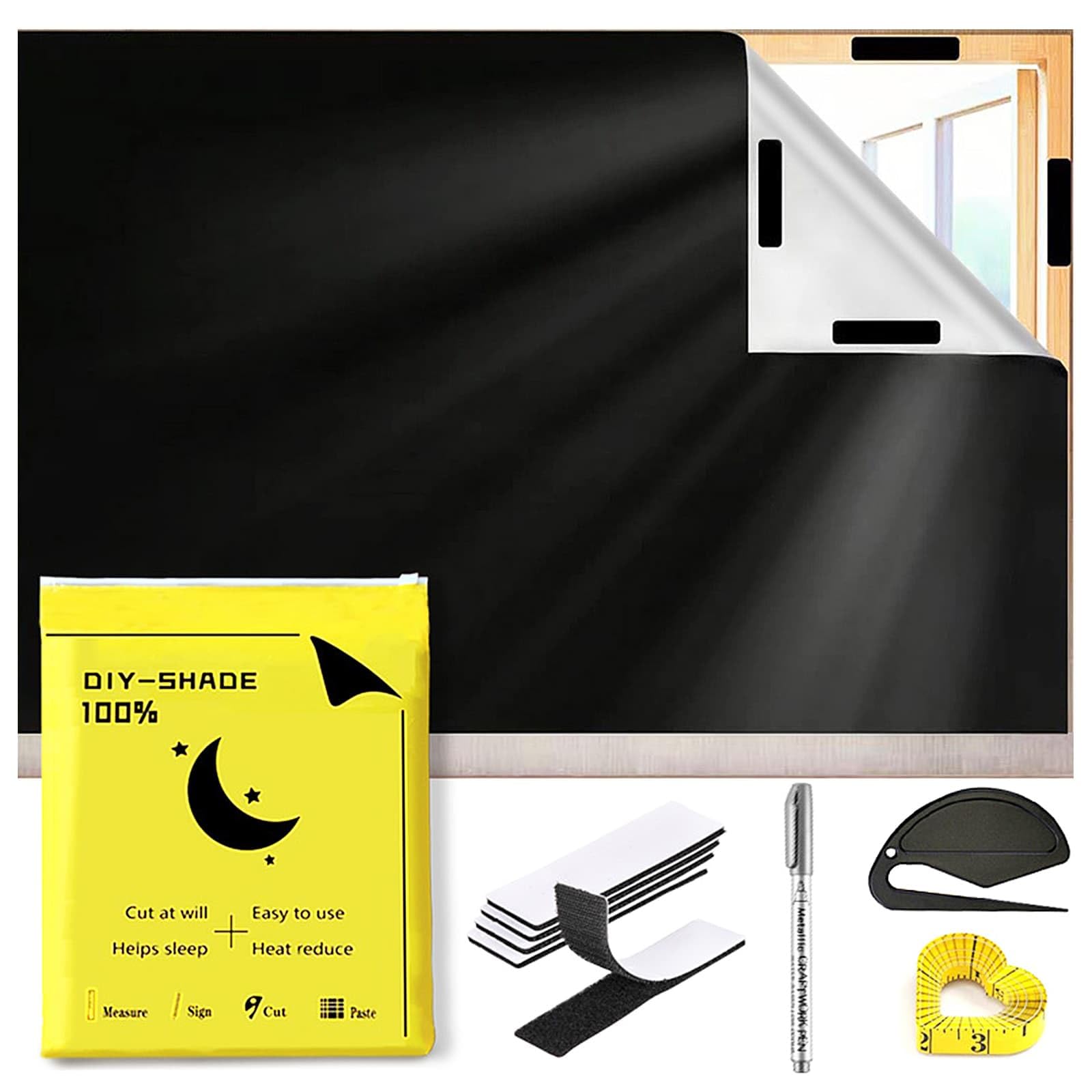 Blackout Blinds Window for Bedroom, 145x300cm Portable Blackout Blinds Stick on Window Any Shape & Size, No Drilling Temporary Blind with Velcro & Round Sticker