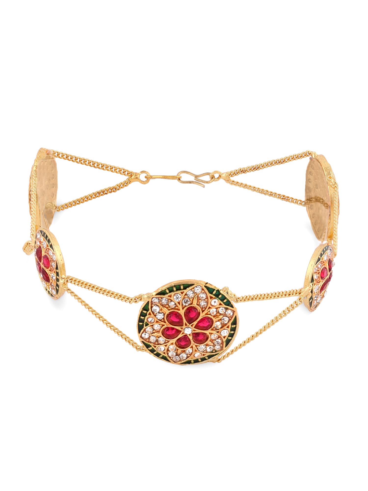 Green & Pink Dazzling Austrian Diamonds & Stones Floral Bridal Head Chain For Women-ZPFK14479-image-15