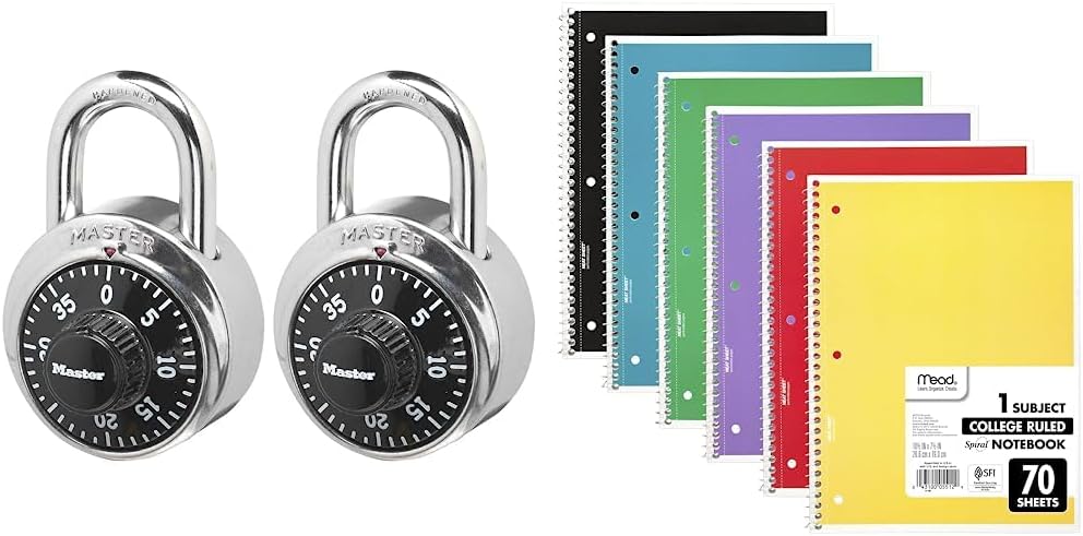 Master Lock Locker Locks, Combination Locks, 2 Pack, Black & Mead Spiral Notebooks, 6 Pack, 1-Subject, College Ruled Paper, 7-1/2" x 10-1/2", 70 Sheets per Notebook, Assorted Colors
