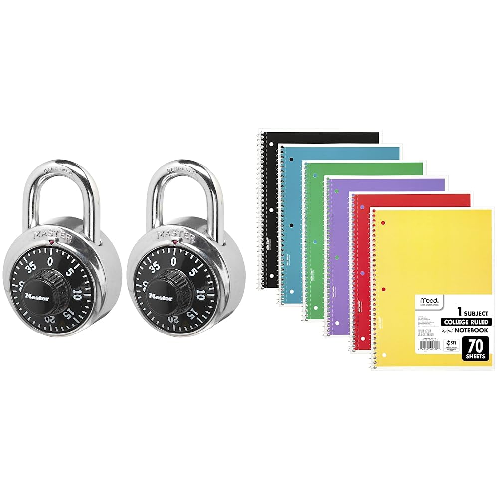 Master Lock Locker Locks, Combination Locks, 2 Pack, Black & Mead Spiral Notebooks, 6 Pack, 1-Subject, College Ruled Paper, 7-1/2" x 10-1/2", 70 Sheets per Notebook, Assorted Colors