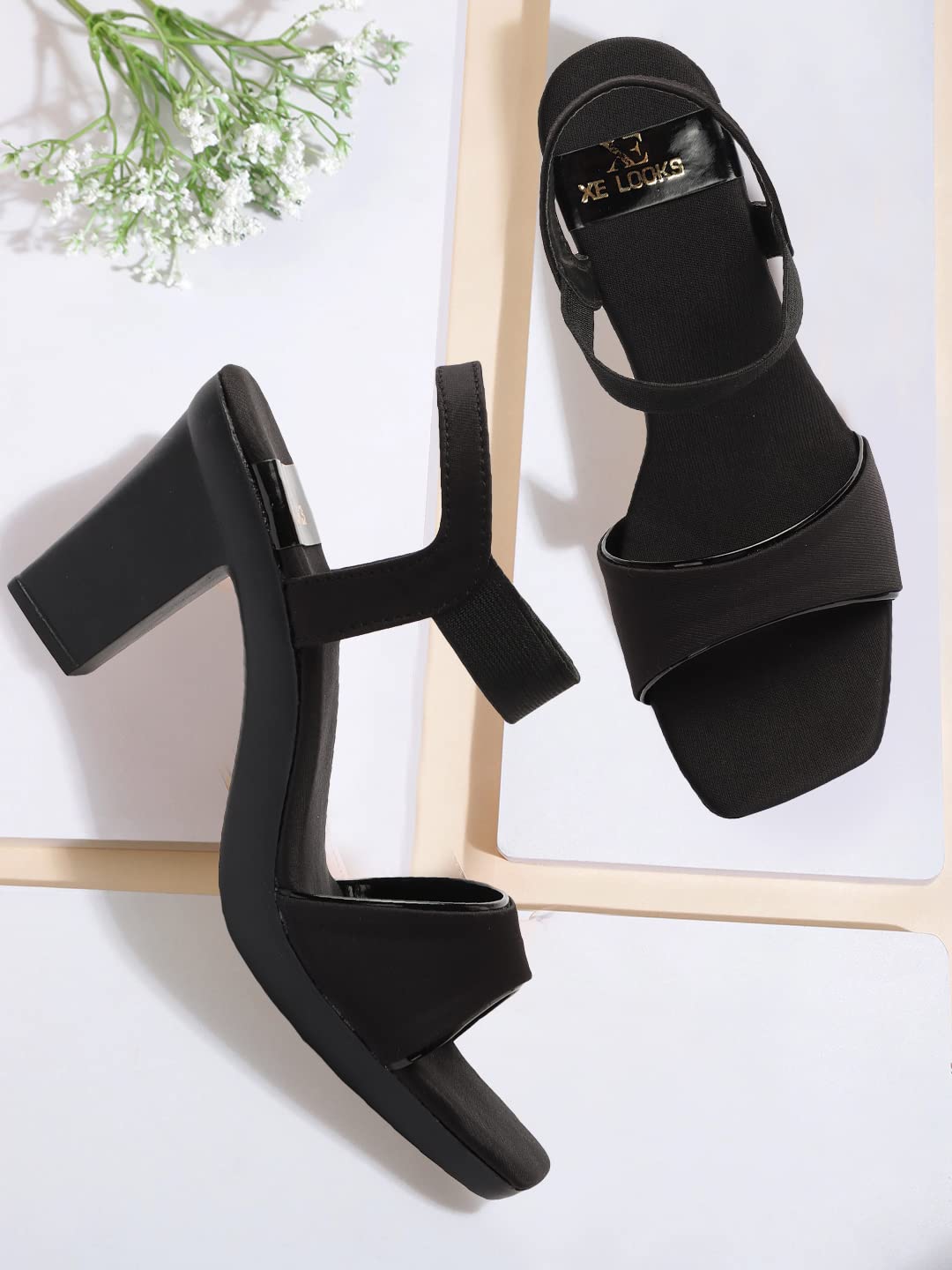 XE Looks Women's Black Stylish Block Heels | Open-Toe Sandals with Elastic Support | Anti-Skid Sole & Cushioned Footbed Block Heels For Girls & Women
