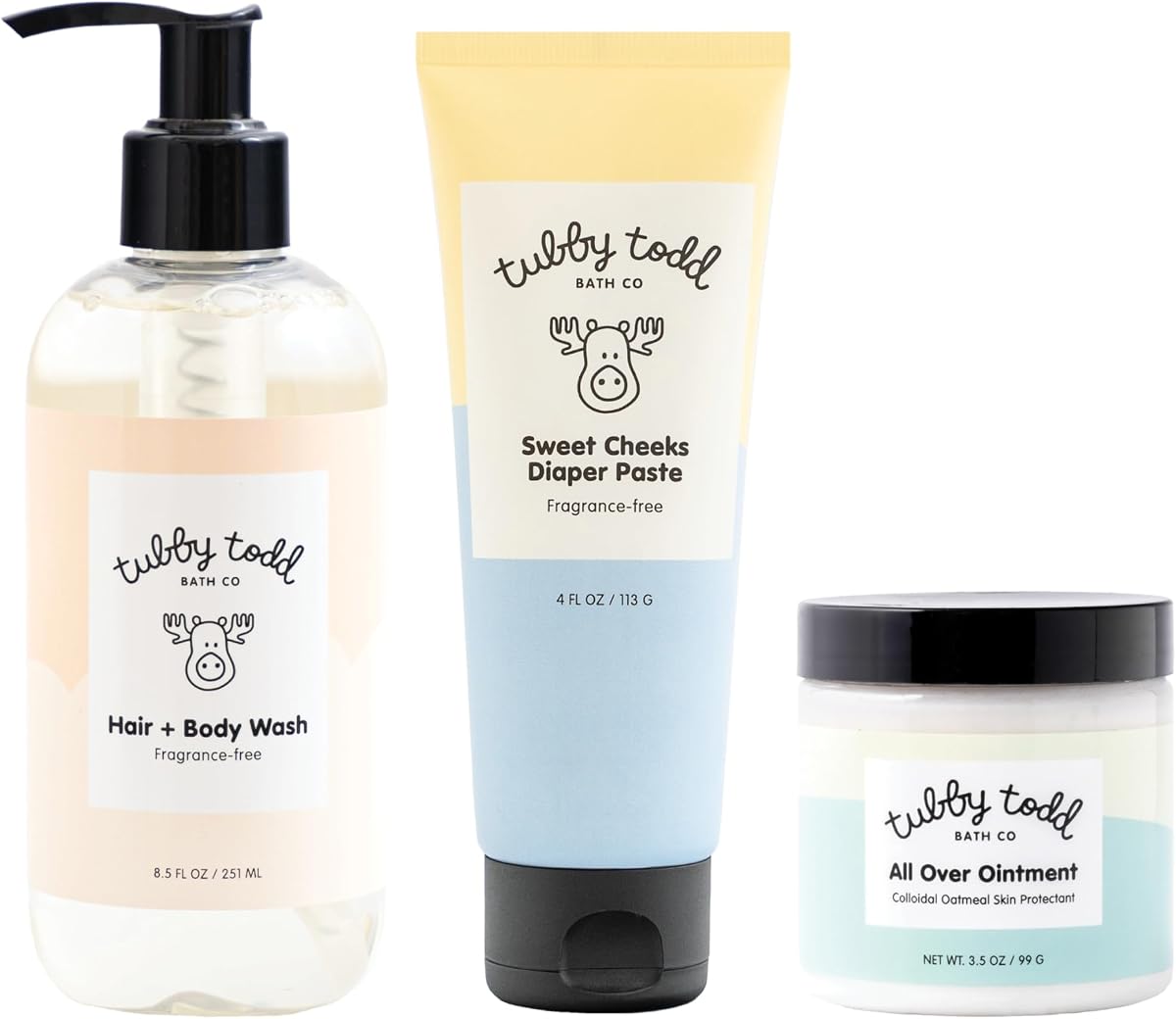 Tubby Todd Baby Bundle Set de cuidado de la piel para recién nacidos | Gel de baño y cabello hipoalergénico, ungüento para todo el cuerpo, pasta para pañales Sweet Cheeks, tamaño estándar, sin fragancia