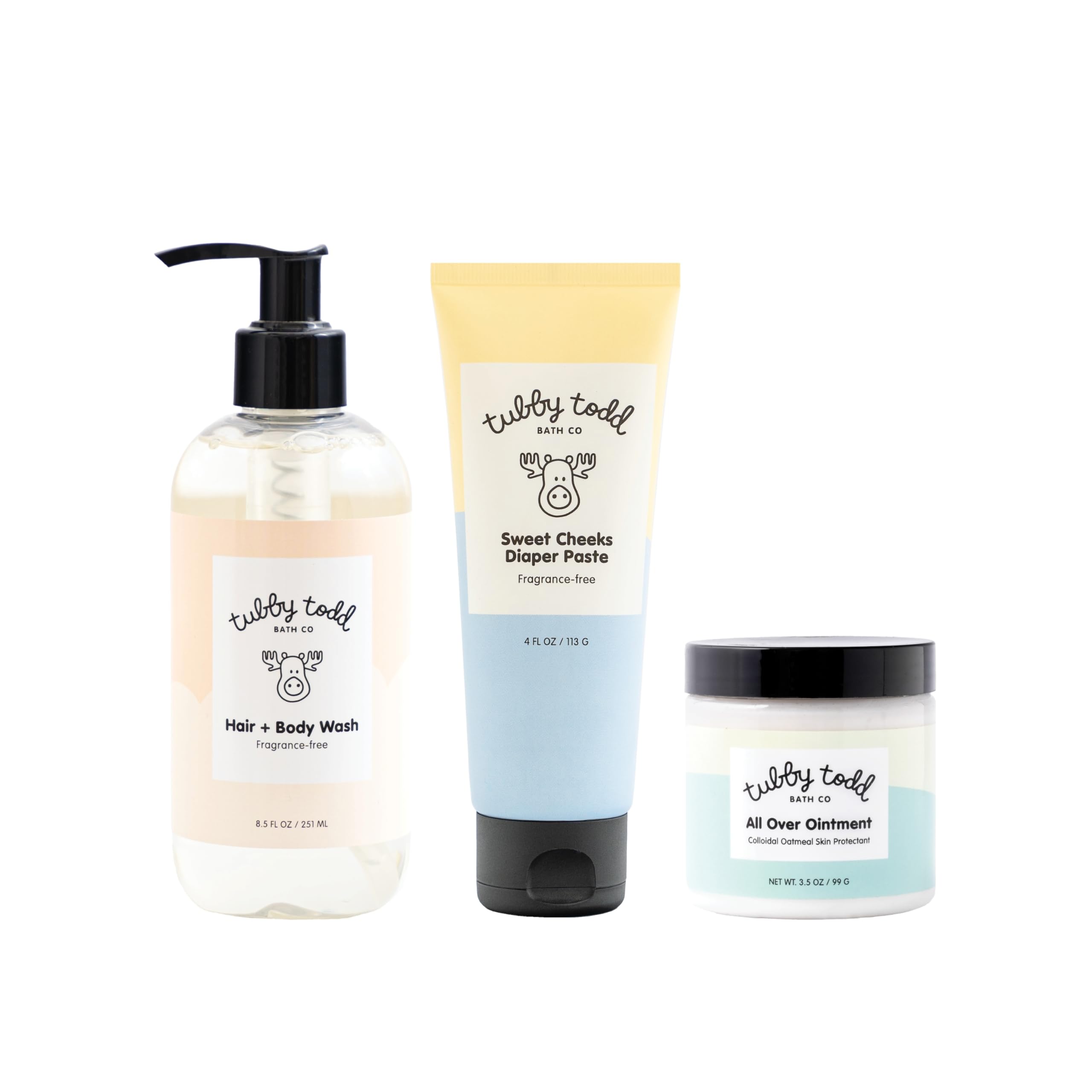 TUBBY TODDBaby Bundle Newborn Skin Care Set - Hypoallergenic Hair + Body Wash, All Over Ointment with Colloidal Oatmeal, Sweet Cheeks Diaper Paste - Fragrance Free, Standard Size