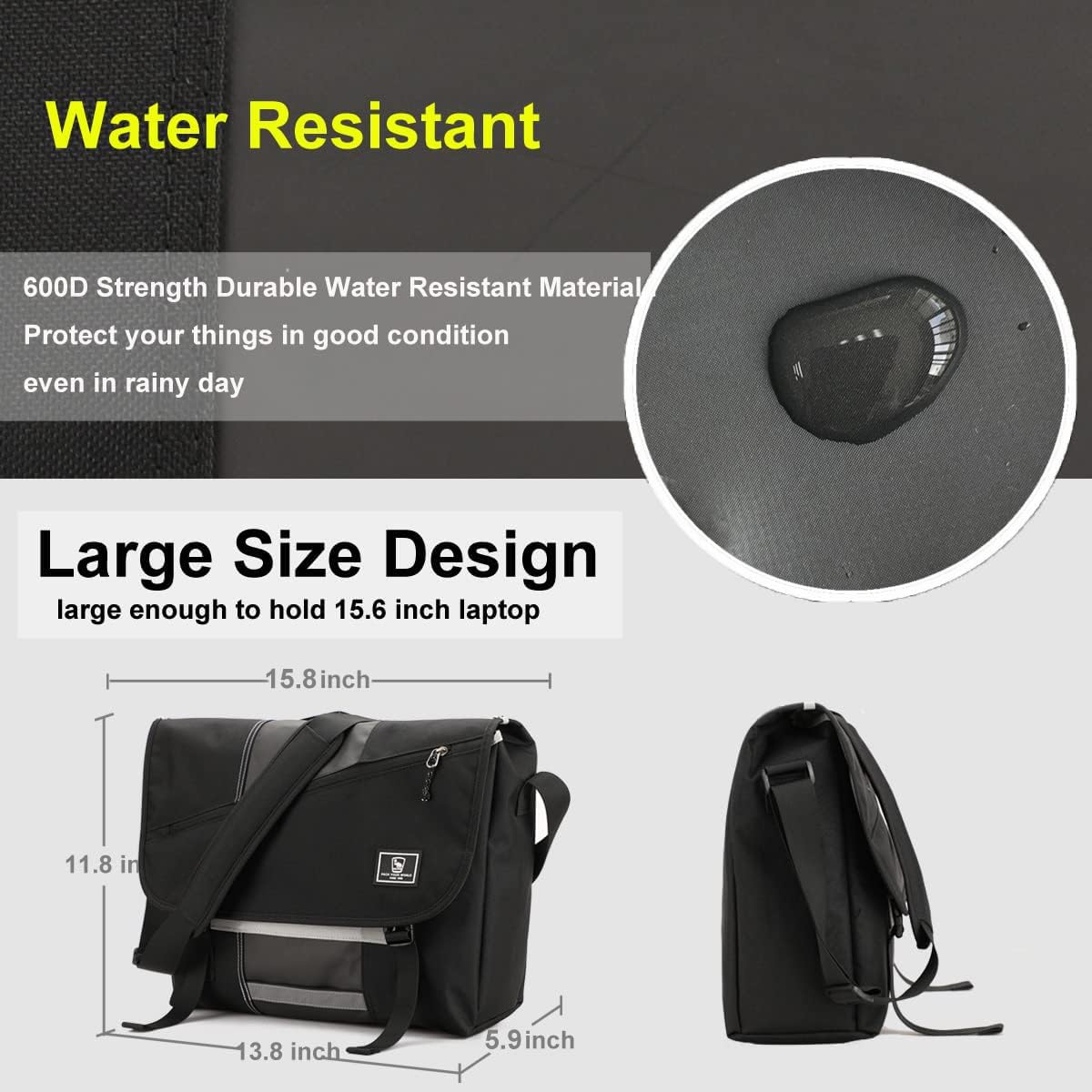 OIWAS Sac messager de 15,6" pour homme - Sac à bandoulière pour ordinateur portable - Sac à bandoulière pour homme - Grand sac pour le travail, les voyages, l'université - Noir