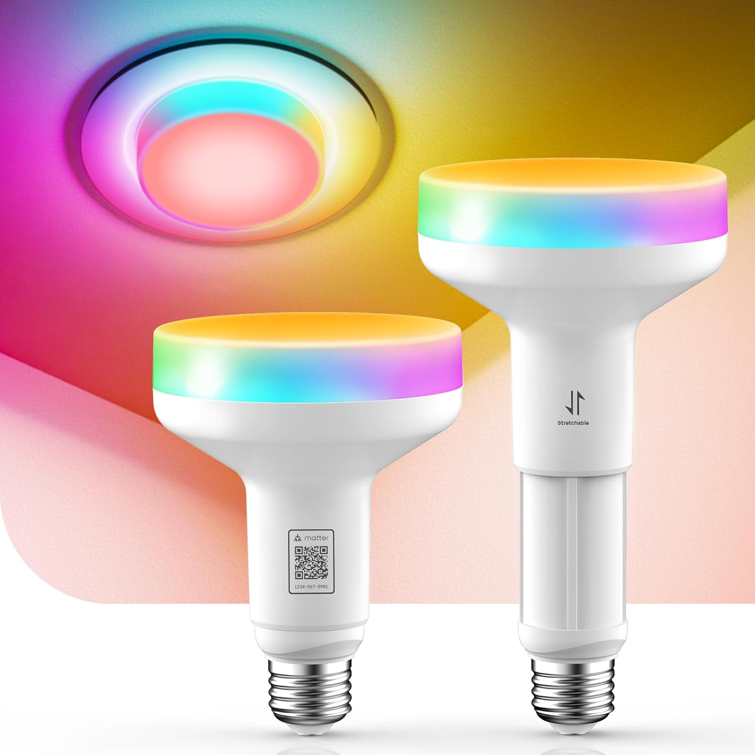 Linkind Matter BR30 Smart Light Bulbs with Stretchable Design & 4-Zone Aurascape Color, 850LM Recessed Smart Flood Light Bulb, Works with Alexa/Apple Home/Google Home, Music Sync Light Show, 2 Pack