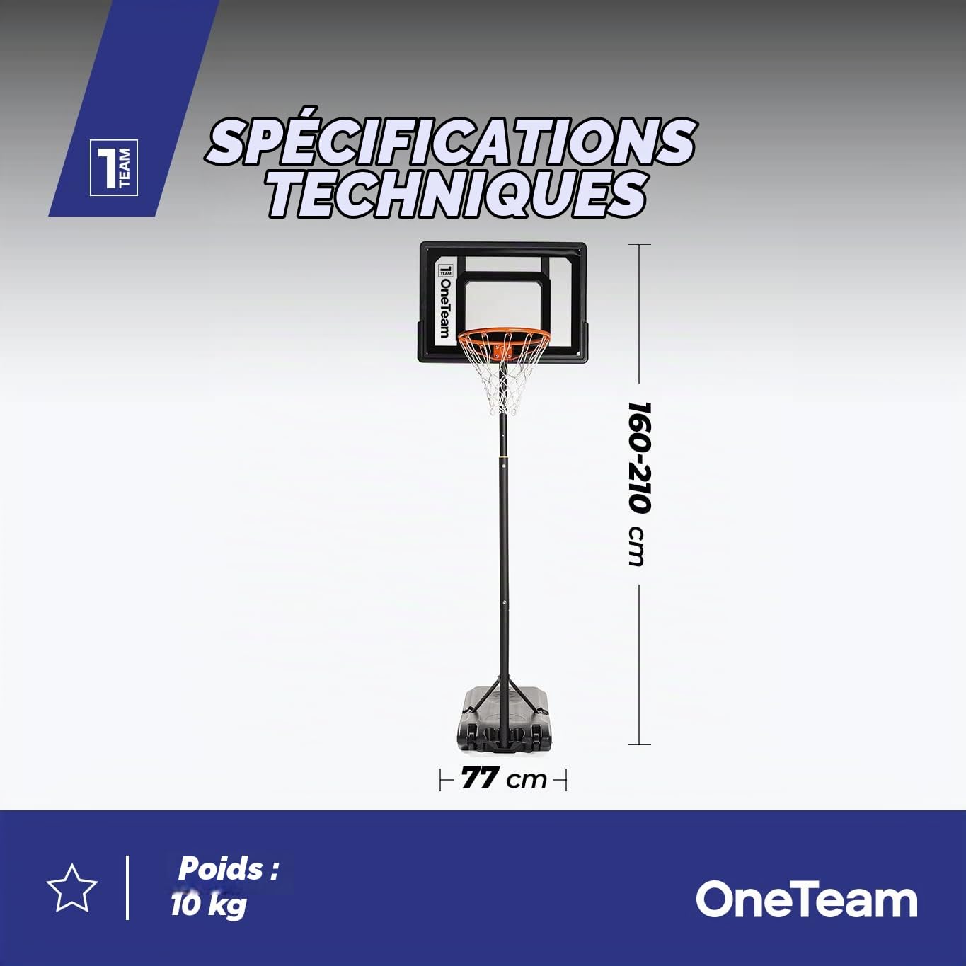 OneTeam Basket potası, jant yüksekliği ayarı, 230-305 cm aralığında, PVC Disk, sağlam konstrüksiyon, uzun ömürlü malzemeler, siyah, OT-BH02