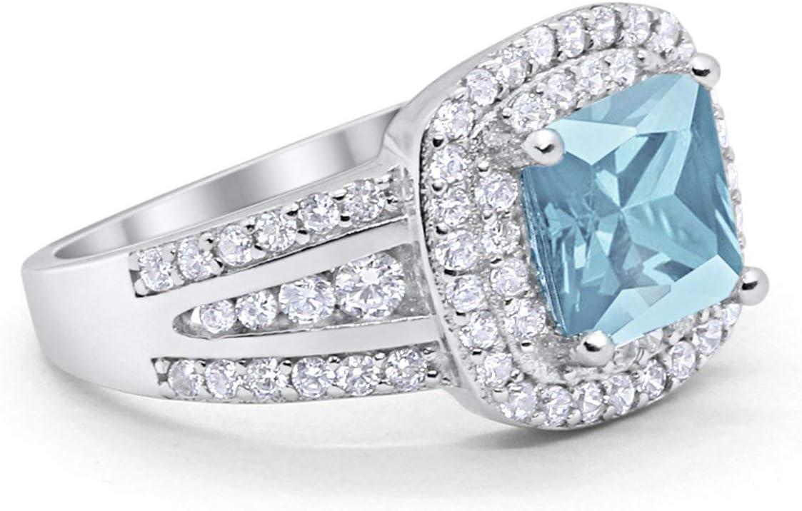 Blue Apple Co. Art Deco Ring Princess Cut Halo Cluster Round Cubic Zirconia Accent Split Shank Vintage Style Bridal Statement Wedding Engagement Rings For Women 925 Sterling Silver Gifts For Her