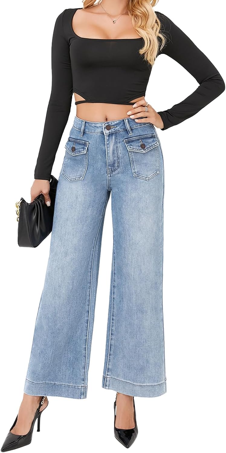 Straight Leg Jeans for Women Mid Waisted Stretchy Loose Trendy Denim Pants with Pockets - Image 3