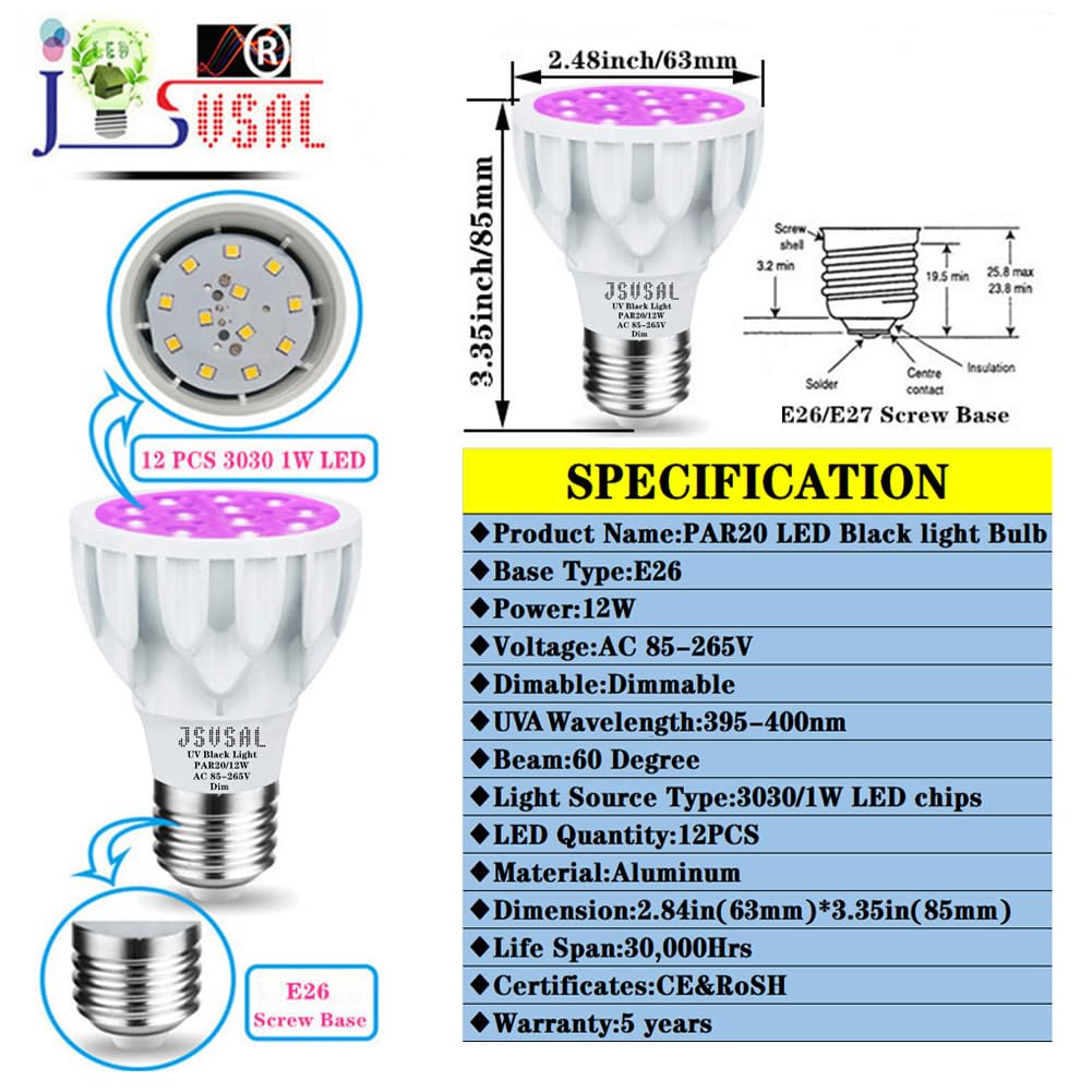 JSVSAL LED Black Light Bulbs,Dimmable,PAR20 Blacklight E26 Base,12W AC 85-265V,UVA Level 395-400nm,Glow in The Dark for Blacklight Party,Body Paint, Stage Lighting,Fluorescent Poster,2-Pack