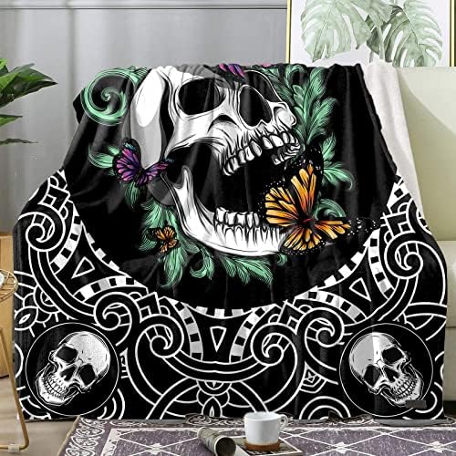 Skull Blankets for Boy Men Fuzzy Soft Flannel Blanket Lightweight Summer Throw Skeleton Blanket Air Conditioning Cooling Sofa Blanket Black Flannel Blankets for Office Travel 50"x 60"
