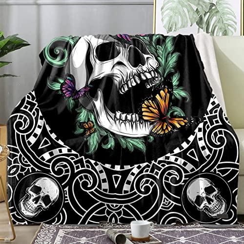 Skull Blankets For Boy Men Fuzzy Soft Flannel Blanket Lightweight Summer Throw Skeleton Blanket Air Conditioning Cooling Sofa Blanket Black Flannel Blankets For Office Travel 50"X 60" #TOP1