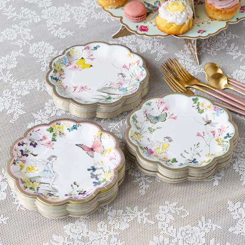 Talking Tables 60 x Platos de Papel Hada 3 Diseños Floral y Mariposa Plato Fiesta Niñas Baby Shower Jardín o Té Vintage Hada Cumpleaños Merienda 17.8cm