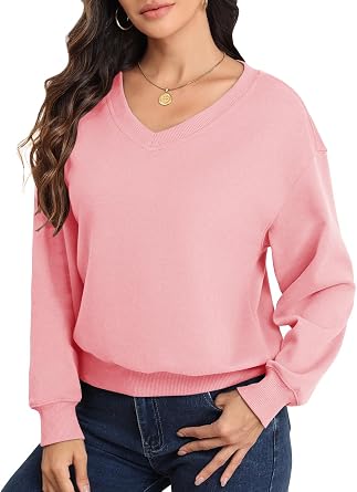 Smile Fish Women V Neck Long Sleeve Sweatshirt Casual Relaxed Cropped Pullover Fleece Lined Warm Tops