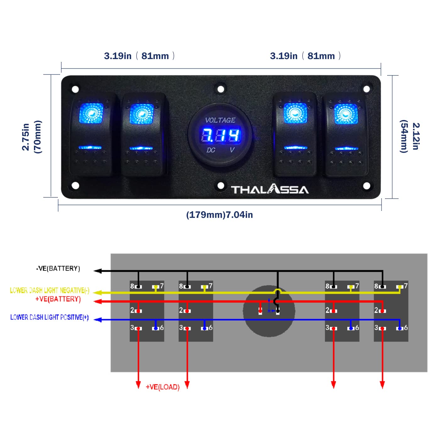 THALASSA Marine Boat Rocker Switch Aluminum Panel Waterproof with 4 Gang Blue LED On-Off Switches, and Digital Voltage Display, Work with Car, Truck, Rv Vehicles, Yacht, Van, Caravan, Camper