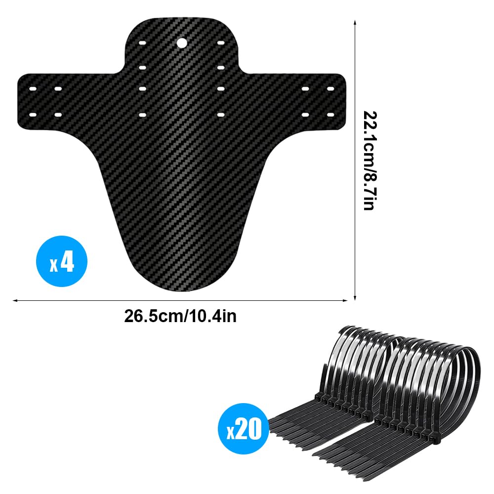 4 Pezzi Parafango MTB,Parafango Bici in Fibra di Carbonio, Mud Guard con 20 Fascette Cavi, Parafanghi Anteriori e Posteriori Universali per Mountain Bike, per Ciclismo/Corsa/Mountain Bike