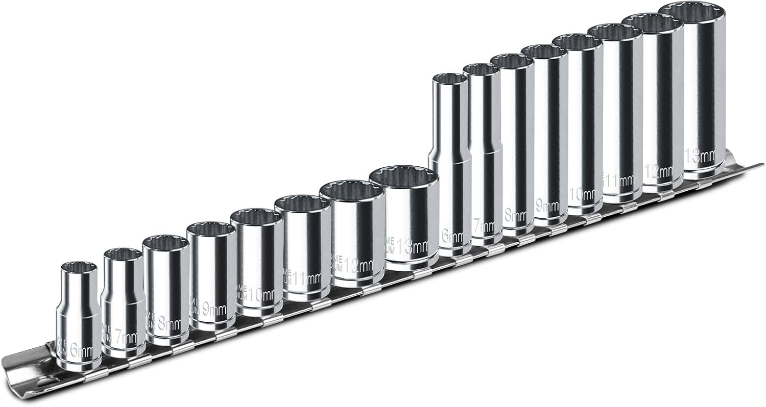 16PCS 1/4" Drive Socket Set, 12-Point Deep Shallow Sockets, Metric Size (6mm, 7mm, 8mm, 9mm, 10mm, 11mm, 12mm, 13mm), Equipped with Storage Holder, Chrome Vanadium Steel