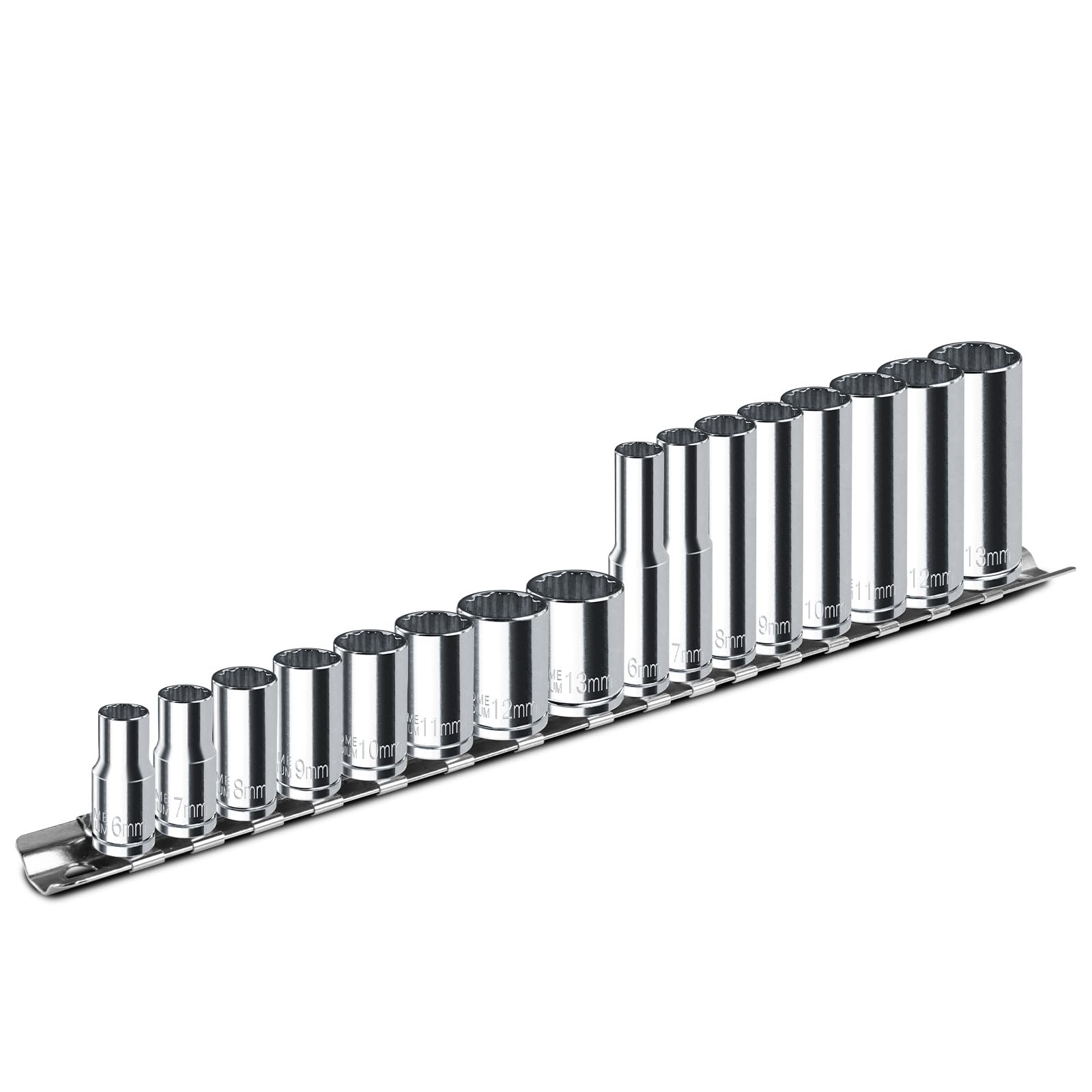 Jeu de douilles 1/4" métrique 6-13mm avec un support de rangement clipsé pour servante