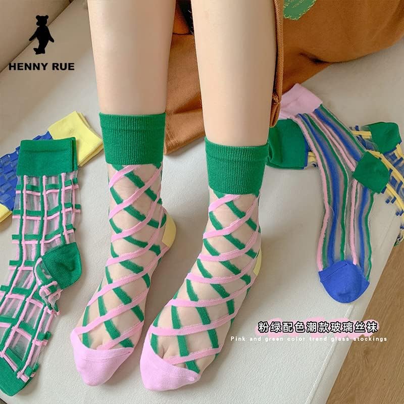 Miniatura 3 de CYee 5 pares de calcetines coquetos transparentes a cuadros para mujer, de cristal jacquard, Y2K, calcetines de tobillo Fairycore transparentes, A