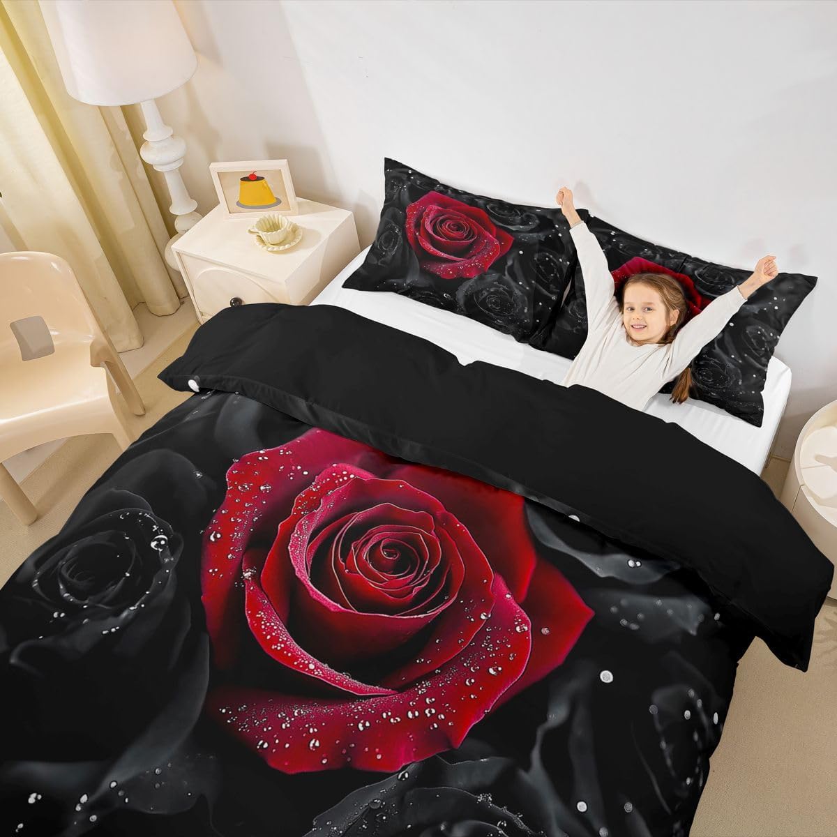 Feelyou Rose Duvet Cover Floral Print Bedding Set - Romantic Flowers Comforter Cover for Boys Girls Children Teens Bedroom Decor - 3D Black Red Rose Bedspread Cover King Size With 2 Pillow Cases