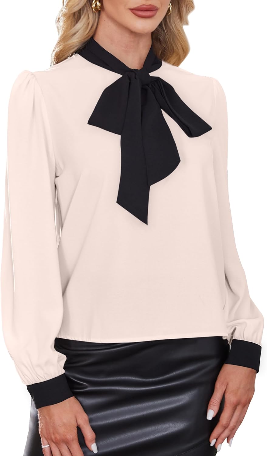 Avanova Women Tie Neck Bishop Long Sleeve Shirts Casual Work Blouses Tops - Image 6