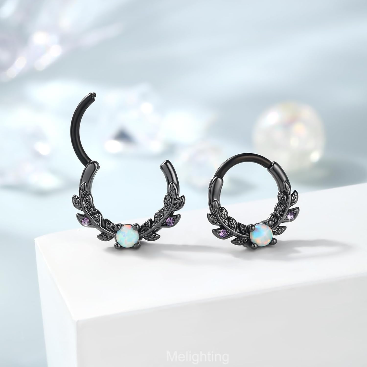 Melighting Opal Septum Ring 16G Vine Septum Jewelry Stainless Steel 316L Septum Piercing 10mm Daith Piercing Jewelry 8mm Conch Helix Earring Cartilage Earring for Women - Image 8