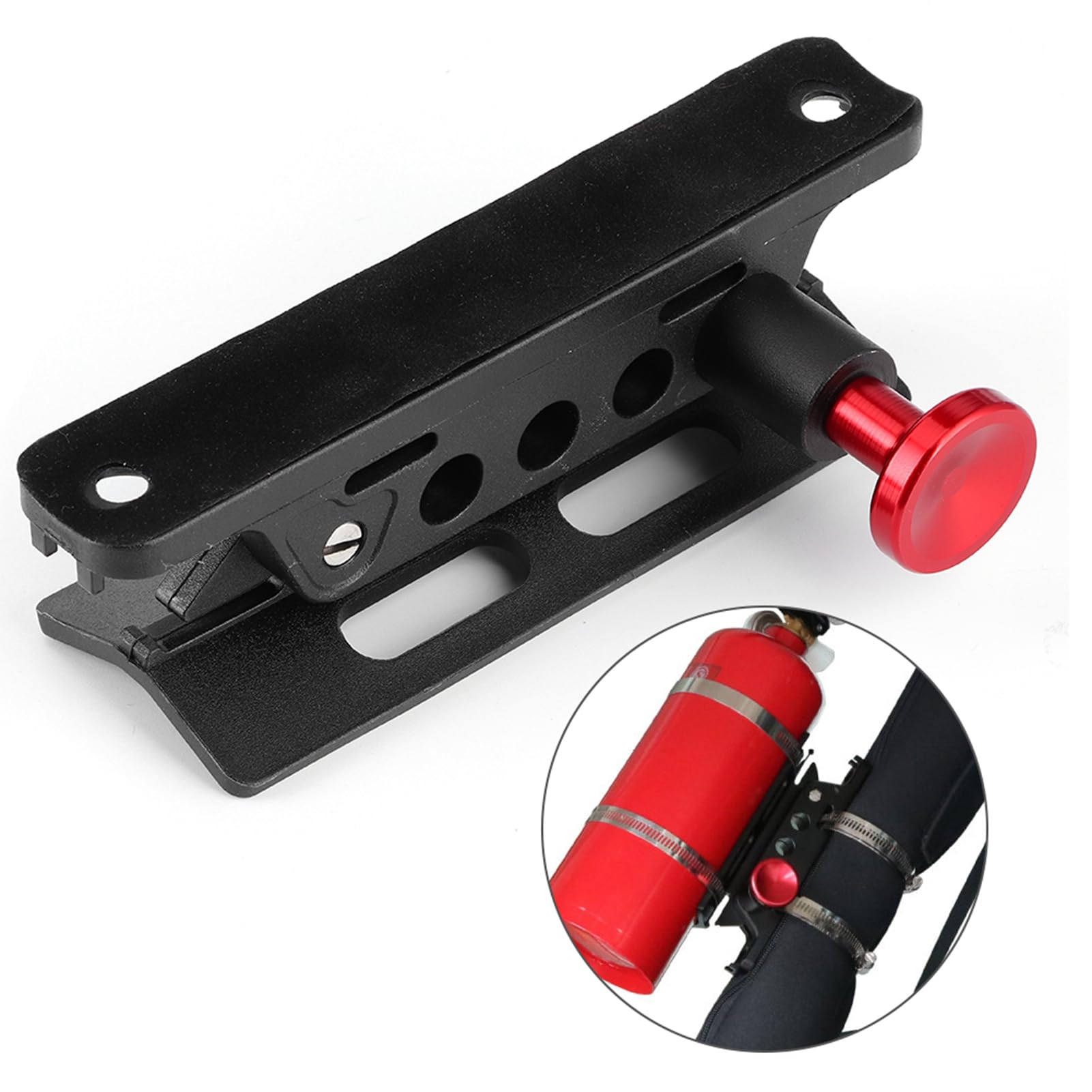 Extinguisher Mount, soporte ajustable para extintor compatible con JK Sport Sahara y Polaris 700 800 900 fijación segura en asiento nylon y aluminio liberación rápida sin taladrar