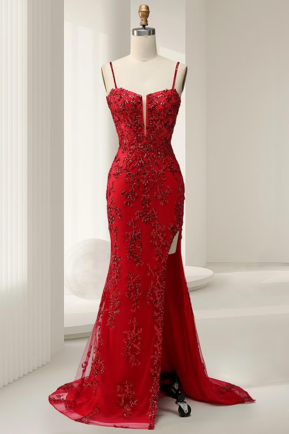 Lace Applicque Spaghetti Strap Prom Dresses with Slit Sexy Tulle Mermaid Long Ball Gown for Women DIN024 - Image 5