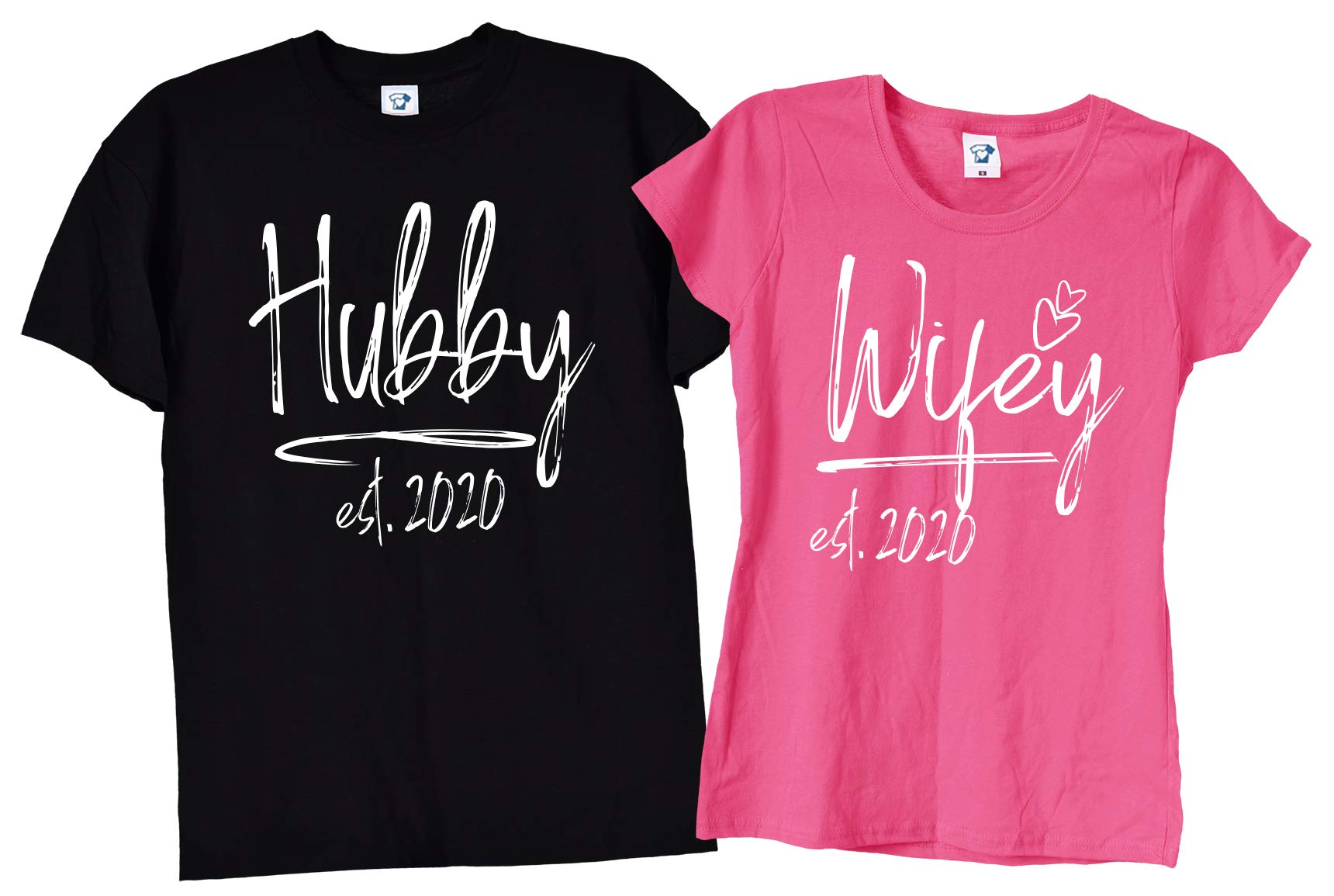 TrendySnug Tees Personalised Matching Pair Hubby Wifey Mr & Mrs Wedding Day Honeymoon Anniversary T-Shirts, 187 (Black & Pink with White Text, Men's - Medium/Women's - Medium)