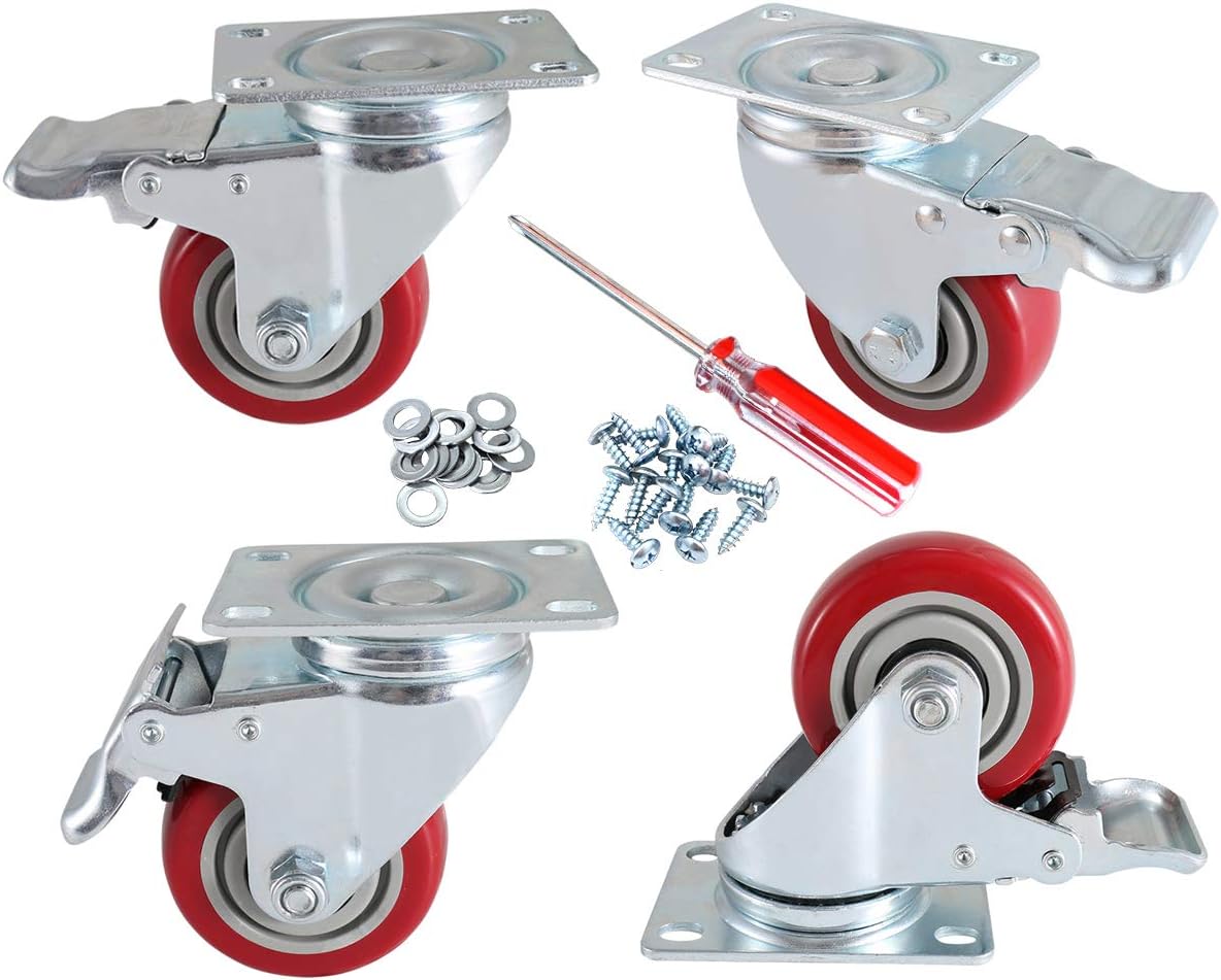 DICASALHeavy Duty Plate Casters Wheels Durable Large PVC Wheels Double Brakes Castors Load Upto 1200 LBS Pack of 4 3 Inch Red DSC-05 4