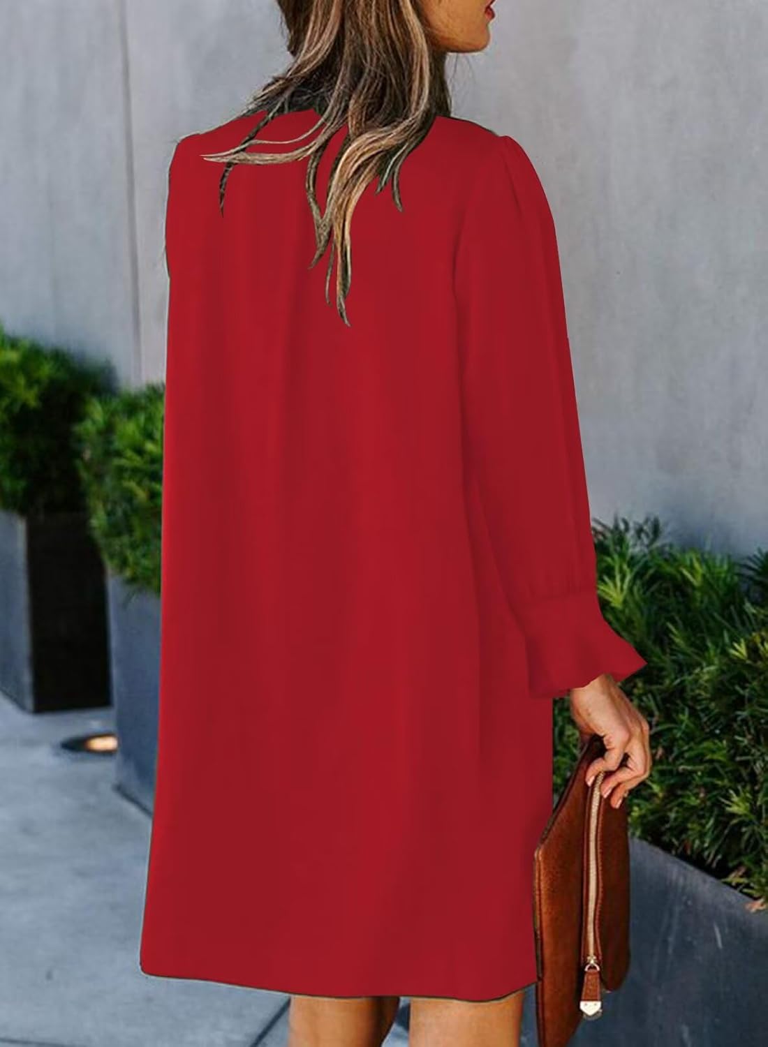Wkior Elegant Dresses for Women V Neck Long Sleeves Casual Solid Color Dress Red XL - Image 3
