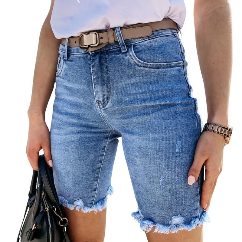 bifanxi Denim Hole Shorts for Women | Raw Edge Mid-Rise Casual Jeans Shorts-picture-21