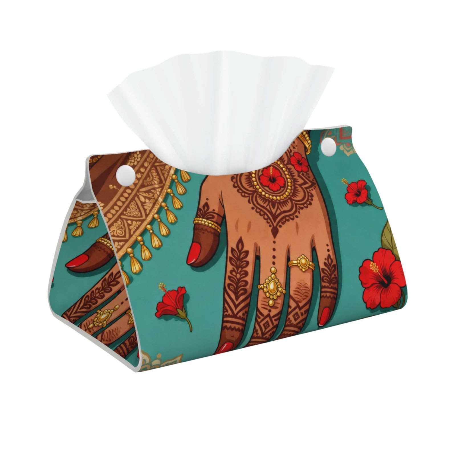 Beautiful Henna Print Long Leather Tissue Box Cover-Waterproof PU Leather Tissue Holder for Bathroom, Decorative Rectangular Tissue Case