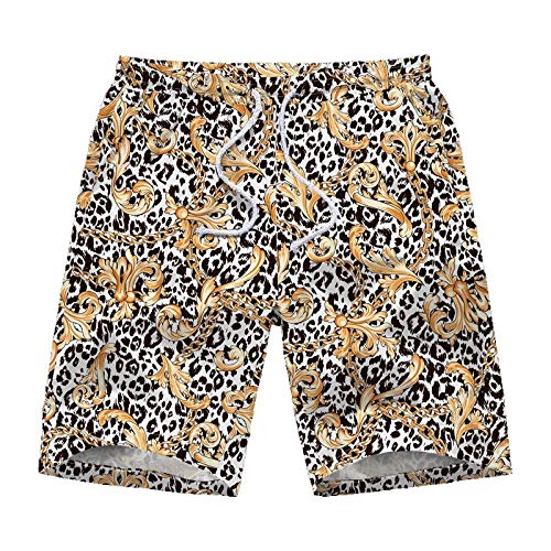 VOWUA Men's Swim Trunks Quick Dry Swim Shorts Baroque Print Beach Shorts Elastic Waist Swimwear White