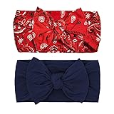 Baby Bling Bows - Newborn to Little Baby Girl Bows, 2PK PRINT SOLID KNOTS Nylon Super Soft Stretchy Toddler Headbands, Perfect Hair Accessories Head Bands for Infant Kids (Red Bandana & Navy)