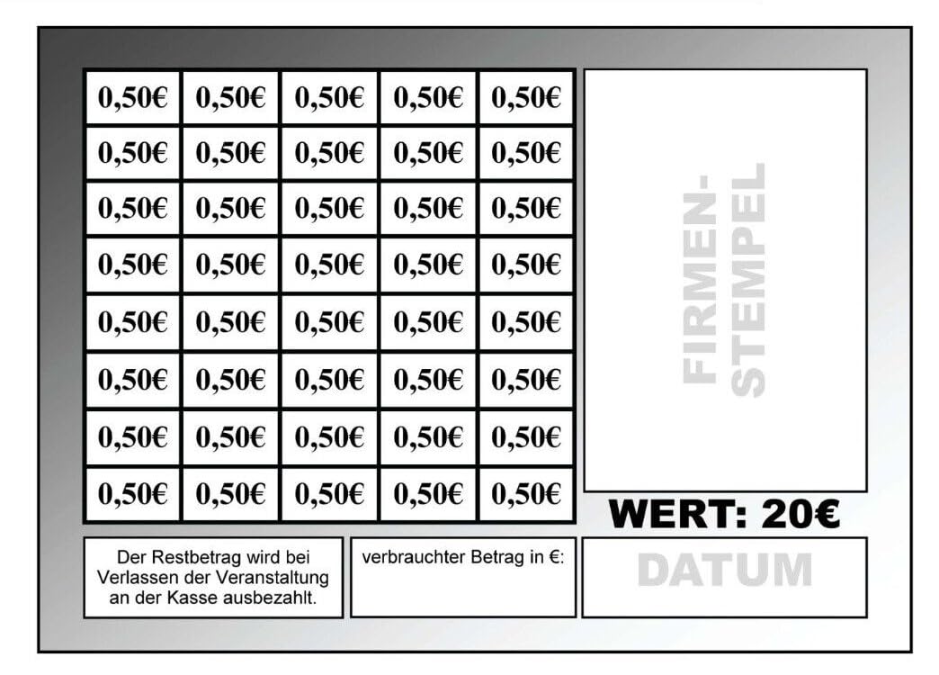 400 Abstreichkarten Verzehrkarten Wertmarken Guthabenkarten, 20 Euro Bezahlkarten, 400VC20, Cocktail