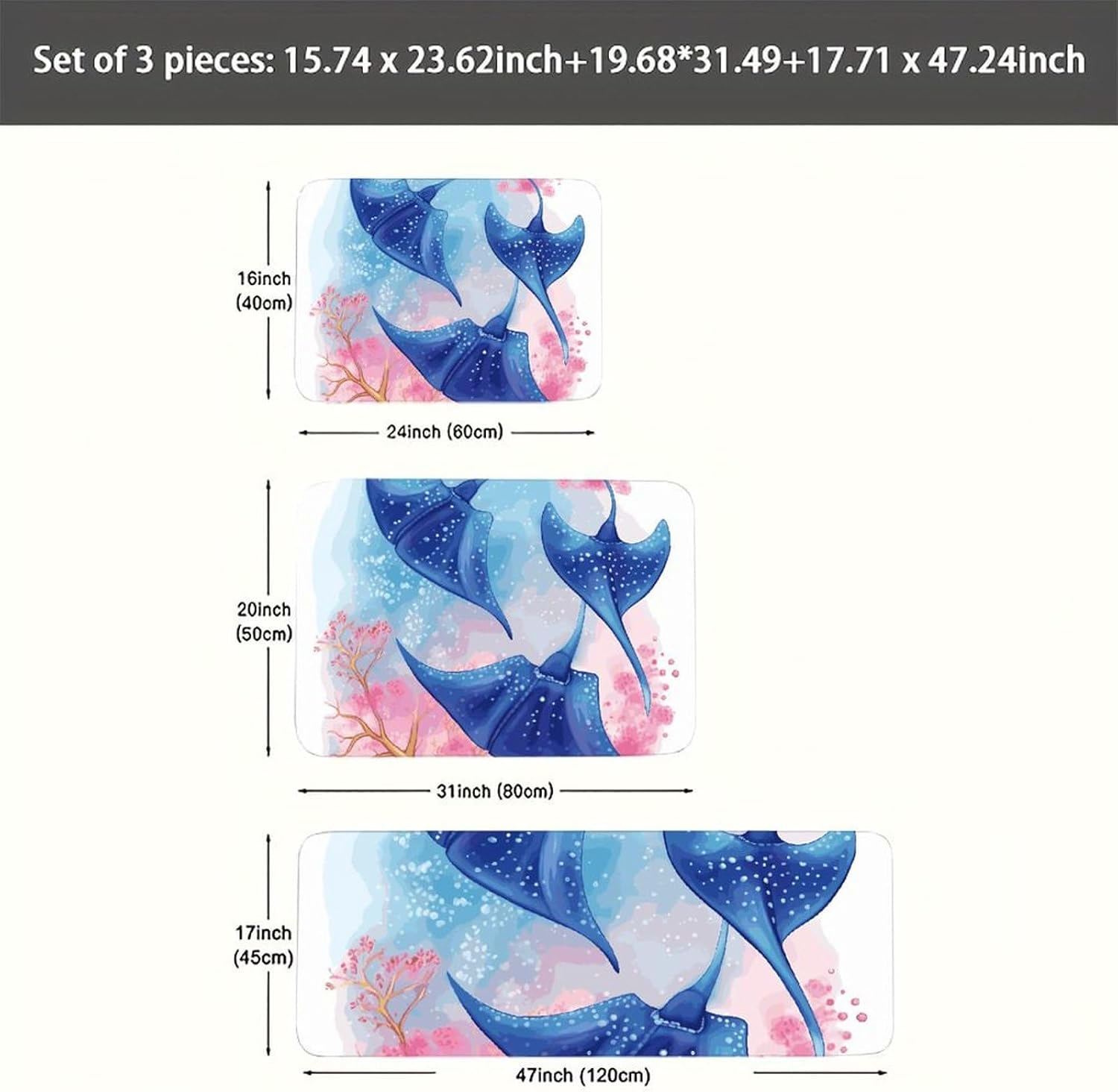 Sea Animals Stingrays Kitchen Mats for Floor 3 Pcs Kitchen Rugs