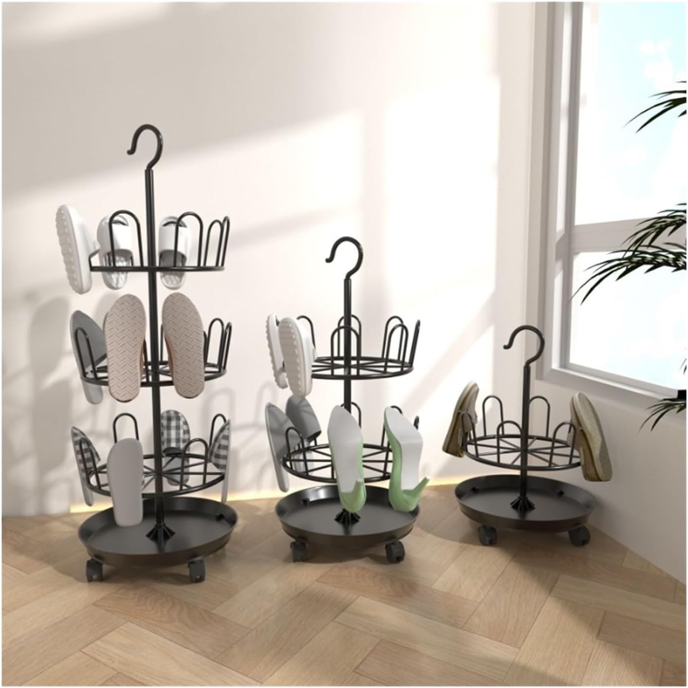 Floor-to-Ceiling Rotating Slippers Hanger Balcony Storage Shelf, Drying Shoe Rack with Drain Plate(Black 3 Layer)