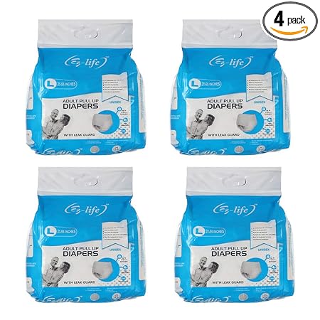 EZ-LIFE Unisex Adult Pull Up Adult Diapers With Leak Guard, Large| (Size:20-50 Inches)|(Pack of 4)
