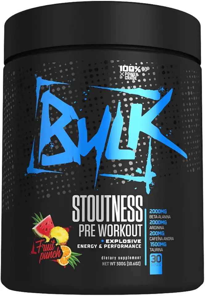 Pré Treino Stoutness 300g Suplemento Em Pó Fórmula Exclusiva Com Beta Alanina Taurina Cafeína Arginina Bulk Nutrition Sabor Sabor Maçã Verde ou Frutas (Fruit Punch, 300g)