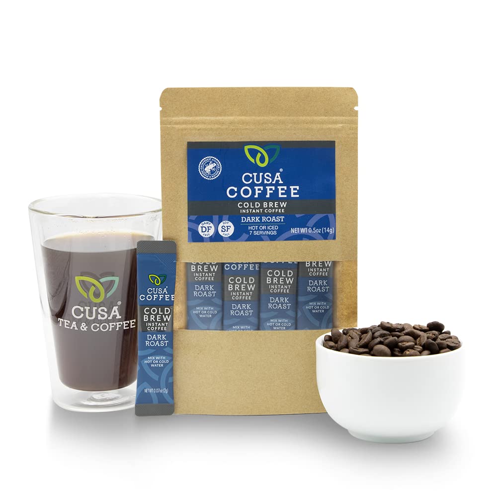 Cusa Tea & Coffee | Premium Instant Dark Roast | Rainforest Alliance Certified Arabica Beans | Hot or Cold Brew Drink Mix Packets (7 Single Servings)