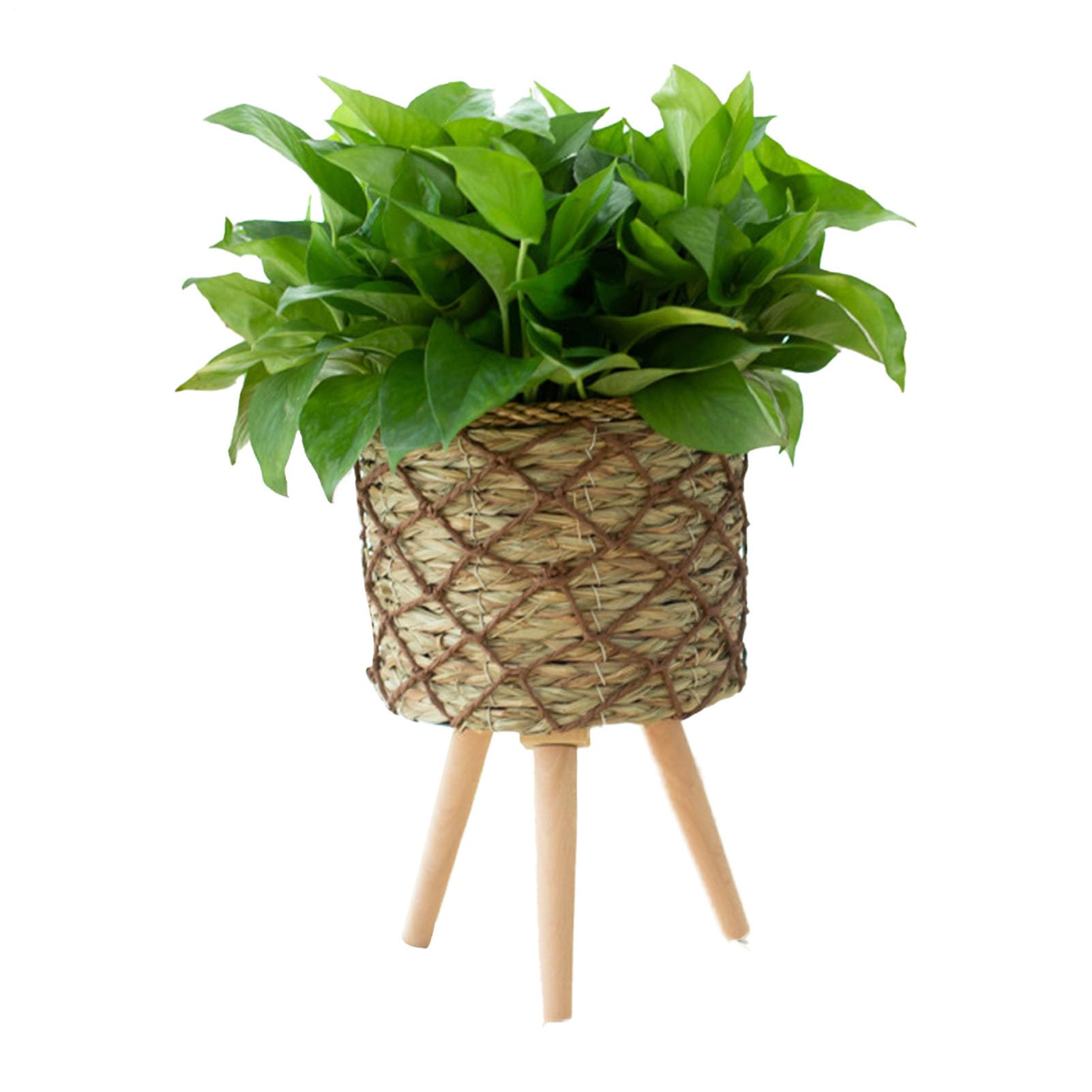 Fioriera intrecciata – Vaso per fiori da interno, cesto con 3 gambe in | legno, supporto decorativo per piante, elegante supporto per vasi di fiori rialzato, design artigianale in rattan resistente,