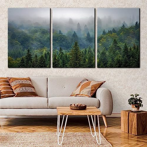 Pacimo 3 Pieces Misty Forest Modern Giclee Canvas Prints Artwork Natural Landscape Pictures Paintings Print on Canvas Morning Fog Wall Art for Home Decoration Stretch Framed Ready to Hang - 20"x28"x3
