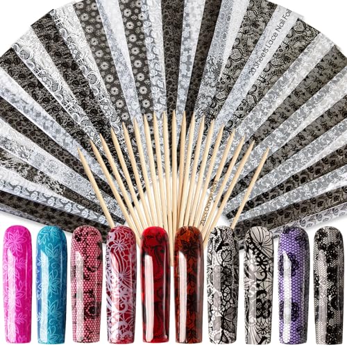 NAILJXPF Lace Nail Foil Transfer: 32.8ft 20 Sheets Lace Nail Foil Art Design with Reusable Orange Sticks - 3s Transfer Print-Grade Texture for UV Gel Polish Natural Nails - 240 Manicures 2yrs Supply