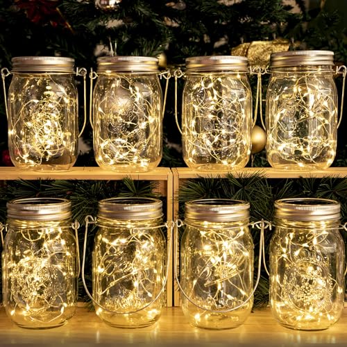 HXWEIYE 8 Pack Solar Mason Jar Lights Lanterns,Jars & Hangers Included，30LED Waterproof Hanging Outdoor Fairy Lights for Patio Garden Porch Yard Backyard Balcony Wedding(Warm White) 8 Pack P