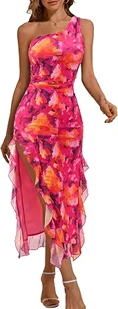 DRESSTELLS Women Formal Wedding Guest Long Cocktail Party One Shoulder Mesh Ruched Bodycon Maxi Ruffle Slit Dress